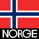 Norwegian flag with 'Norway' below it in Norwegian